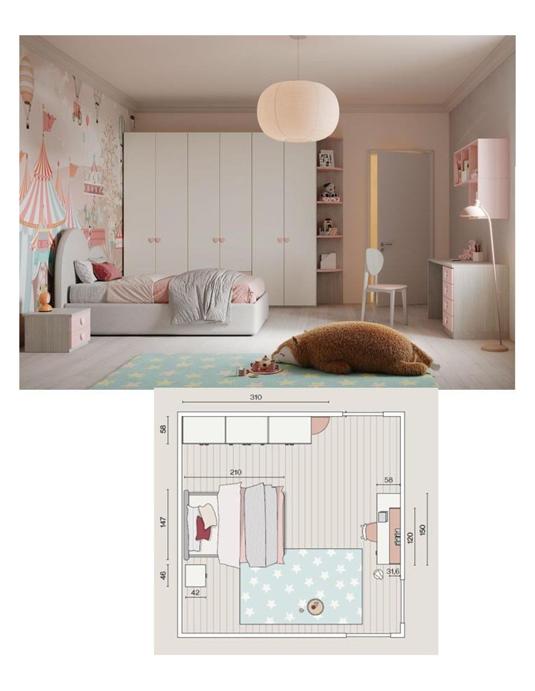 CAMERETTE CON ARMADIO BATTENTE CON TERMINALE SCRIVANIA E LETTO