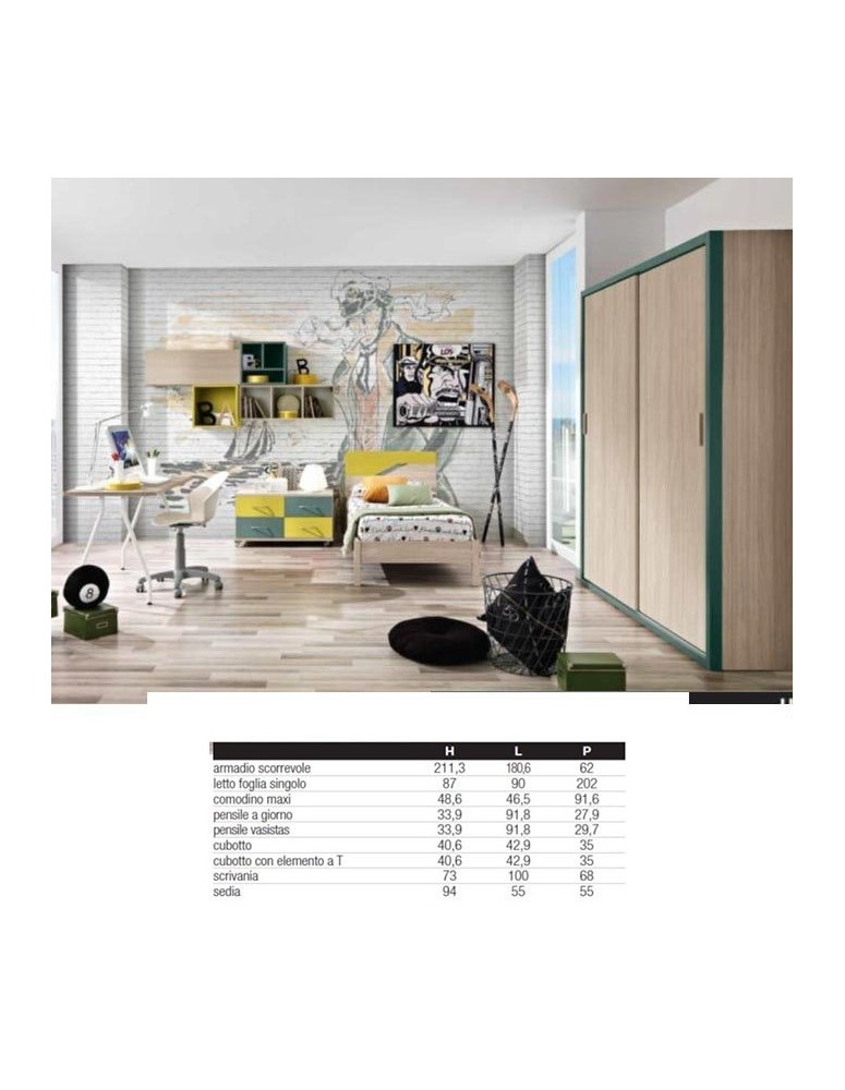 CAMERETTA CON LETTO SINGOLO SCRIVANIA E ARMADIO SCORREVOLE