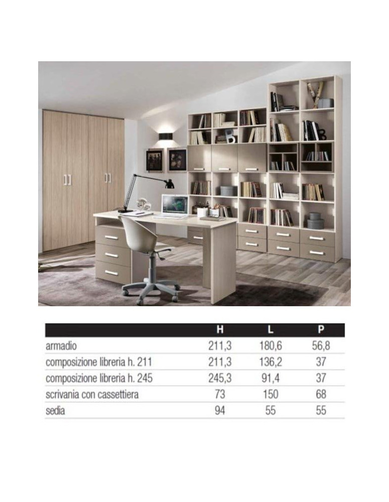 STUDIO  CON ARMADIO 4 ANTE BATTENTE LIBRERIA CON CUBOTTI E CASSETTIERA SCRIVANIA