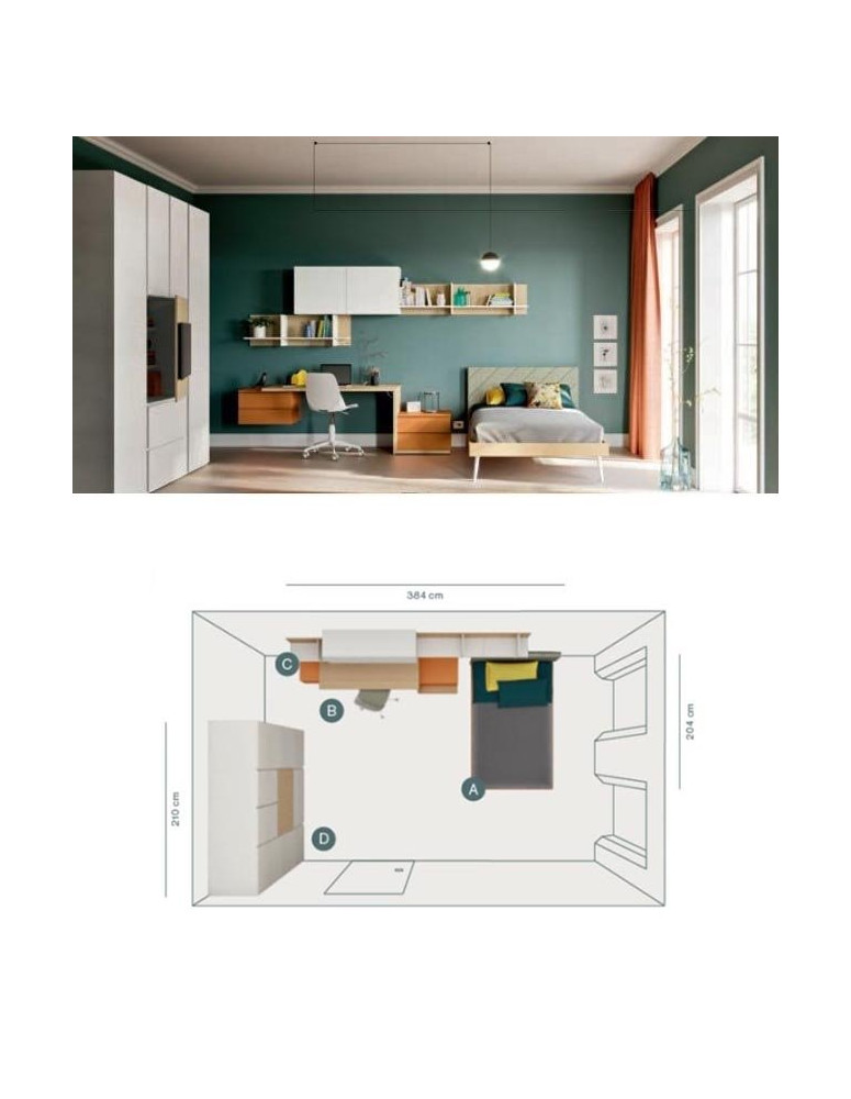 CAMERETTA CON LETTO E SCRIVANIA FRONTALE