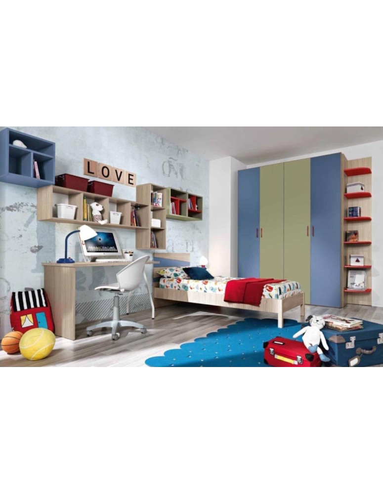 CAMERETTA SINGOLA CON ARMADIO 4 ANTE E LIBRERIA