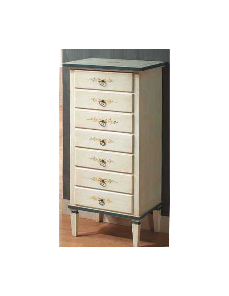 CASSETTIERA 7 CASSETTI  BIANCA FILO AZZURRO ANTICHIZZATA