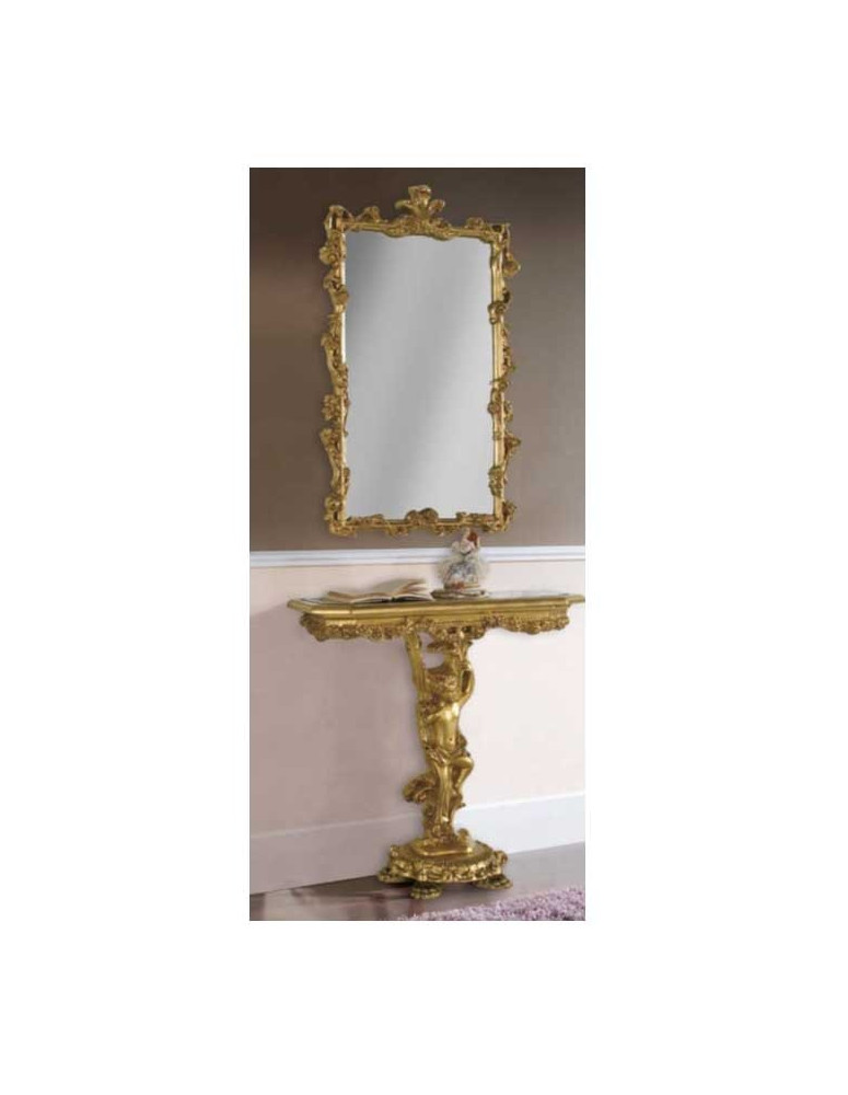 CONSOLLE INTAGLIATA A MANO PIU SPECCHIERA RETTANGOLARE DORATA