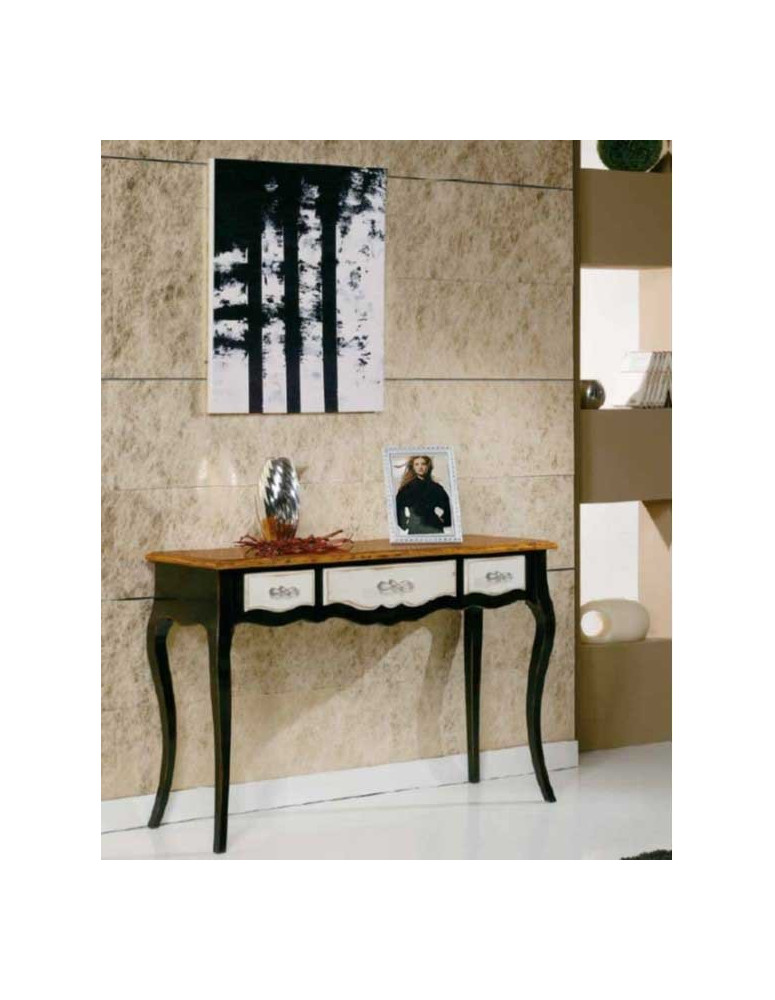 CONSOLLE A TRE CASSETTI. FINITURA NERA CON PARTI GRIGIO CHIARO