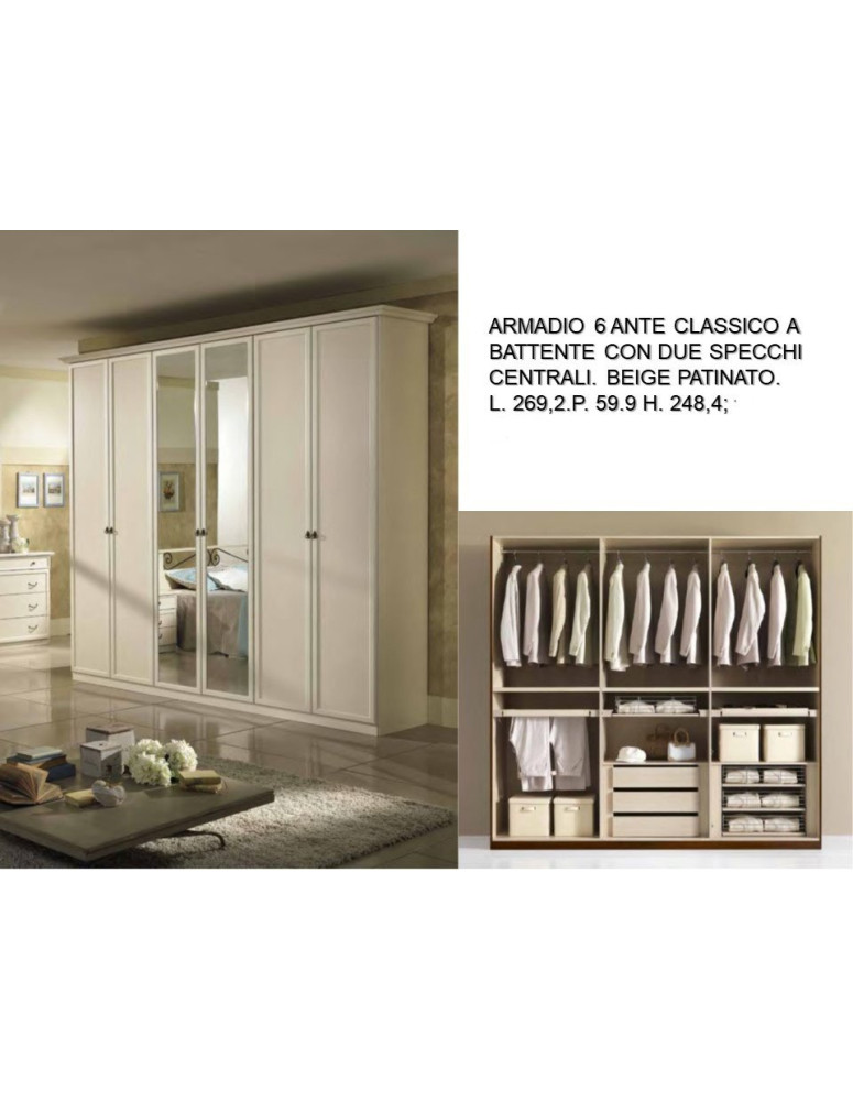 ARMADIO 6 ANTE CLASSICO A BATTENTE CON DUE SPECCHI CENTRALI