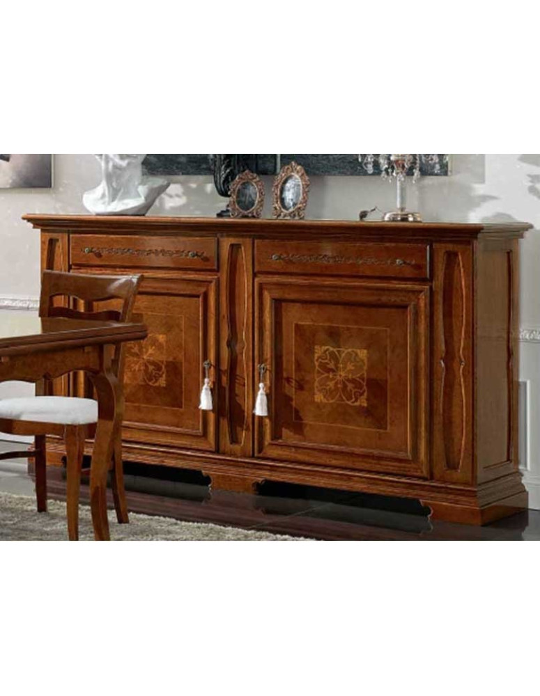 CREDENZONE 2 ANTE INTARSIATE CON 2 CASSETTI INTAGLIATI CON FIORI