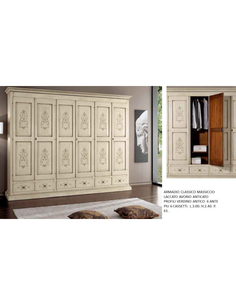ARMADIO CLASSICO MASSICCIO LACCATO AVORIO ANTICATO PROFILI VERDINO ANTICO