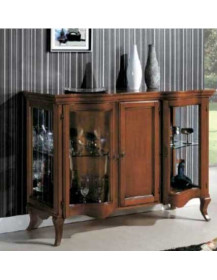 CREDENZA  SAGOMATO  A DUE PORTE A VETRI E PORTA CENTRALE IN LEGNO