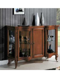 CREDENZA  SAGOMATO  A DUE PORTE A VETRI E PORTA CENTRALE IN LEGNO