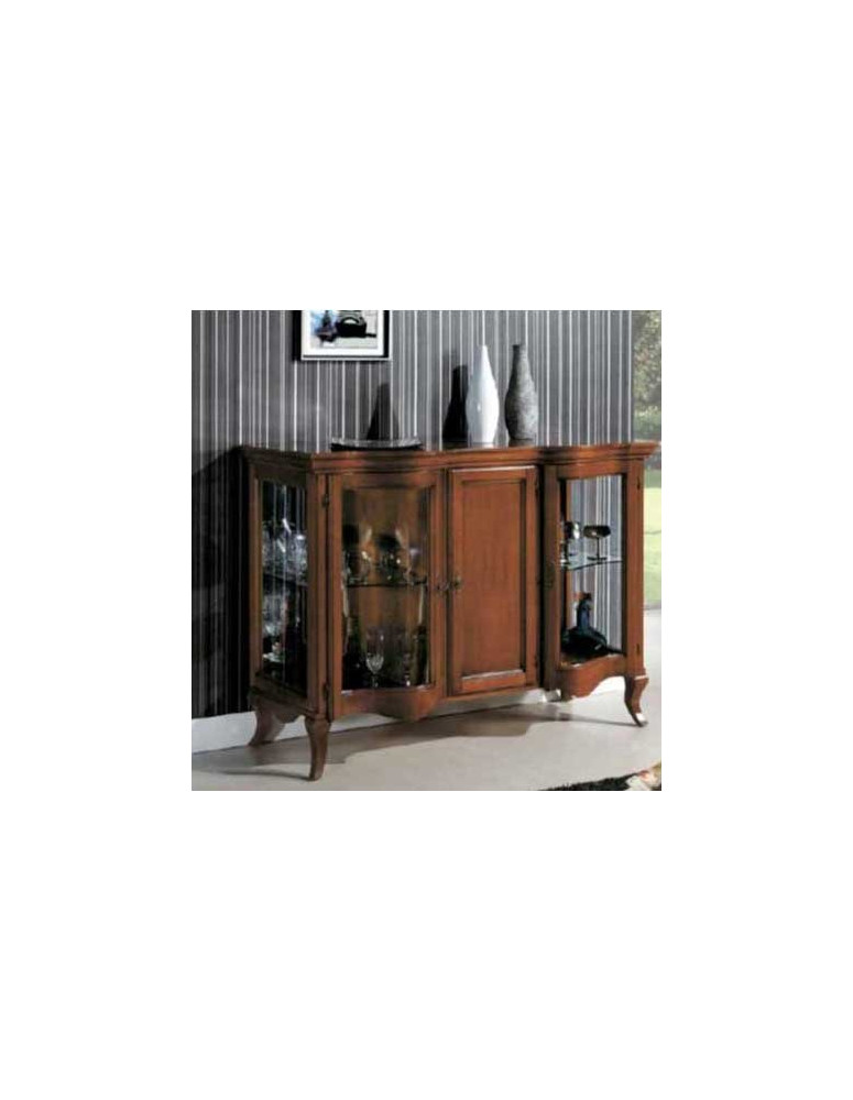 CREDENZA  SAGOMATO  A DUE PORTE A VETRI E PORTA CENTRALE IN LEGNO