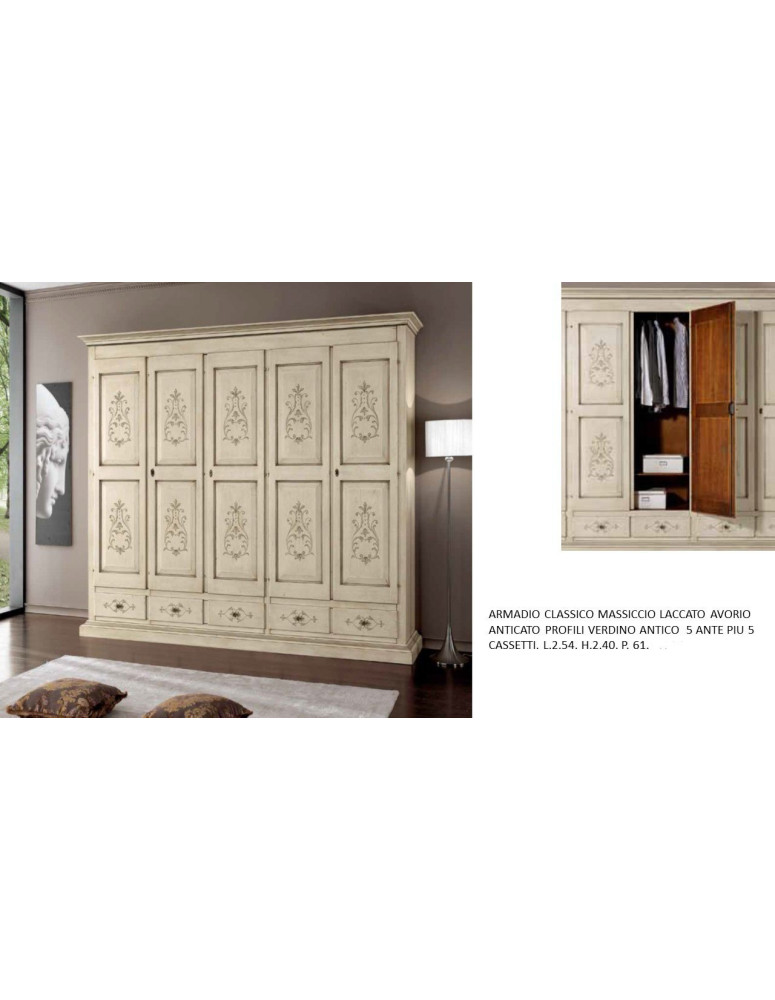 ARMADIO CLASSICO MASSICCIO LACCATO AVORIO ANTICATO PROFILI VERDINO ANTICO