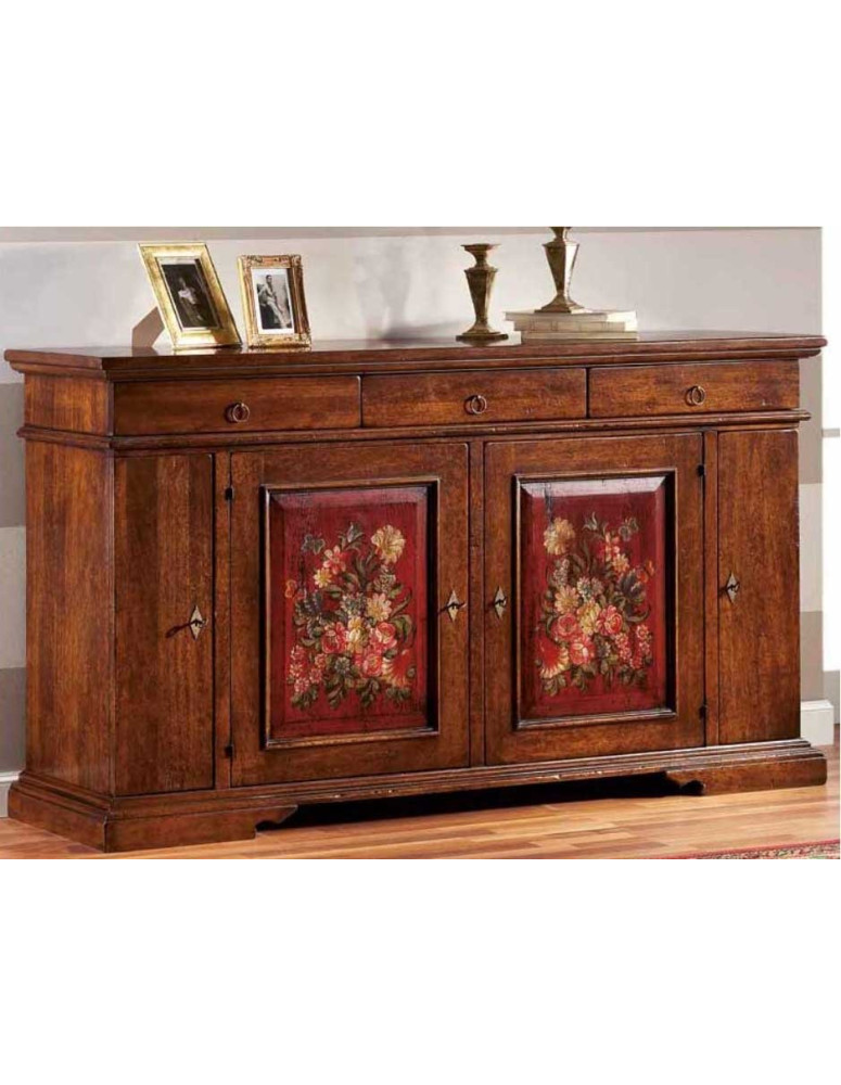 CREDENZA  4 ANTE CON 3  CASSETTI.NOCE ANTICATO PANNELLI DECORATI