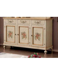 CREDENZINA. 3 PORTE 3 CASSETTI. LACCATA AVORIO ANTICATO CON FILO OCRA E DECORI