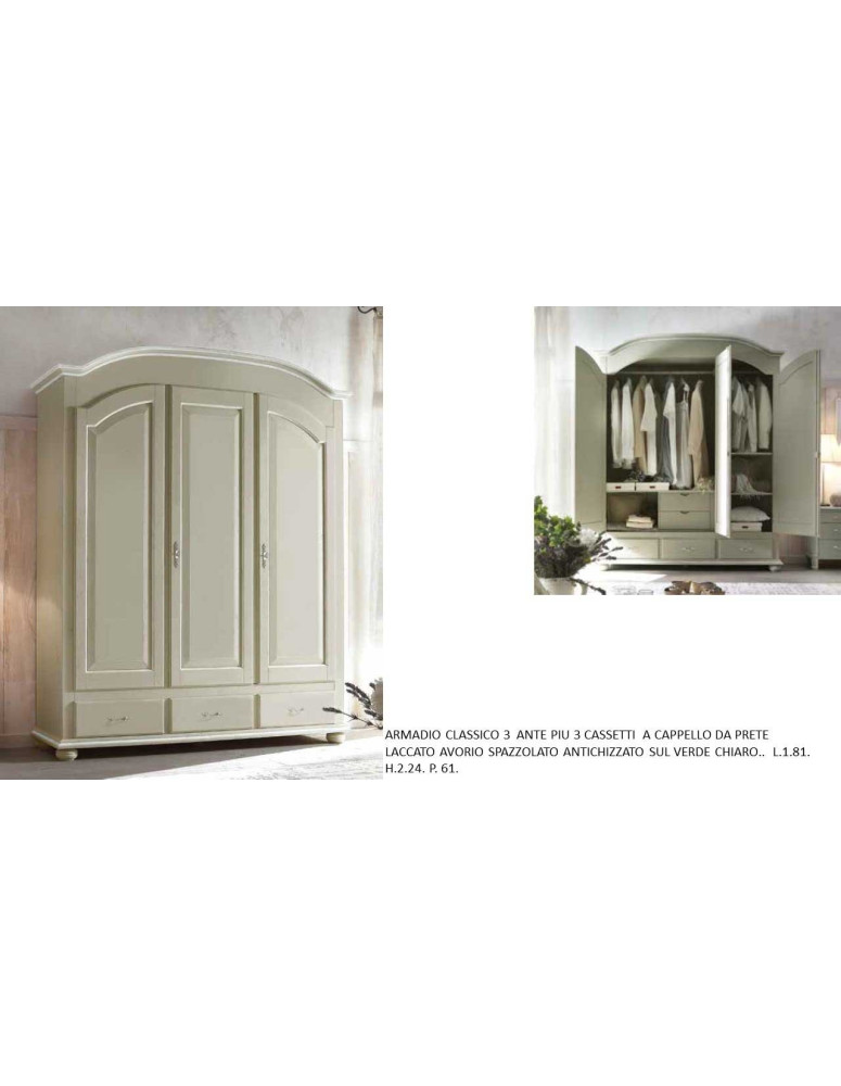 ARMADIO CLASSICO 3  ANTE PIU 3 CASSETTI  A CAPPELLO DA PRETE  LACCATO AVORIO