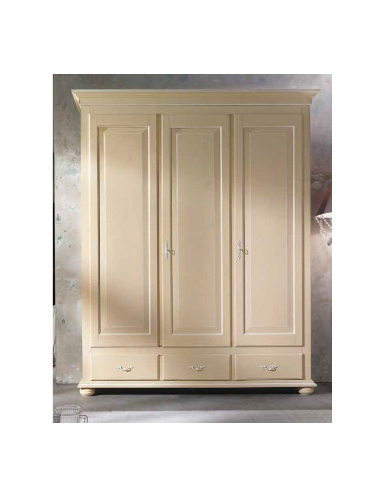 ARMADIO CLASSICO 3  ANTE PIU 3 CASSETTI  LACCATO AVORIO SPAZZOLATO ANTICHIZZATO