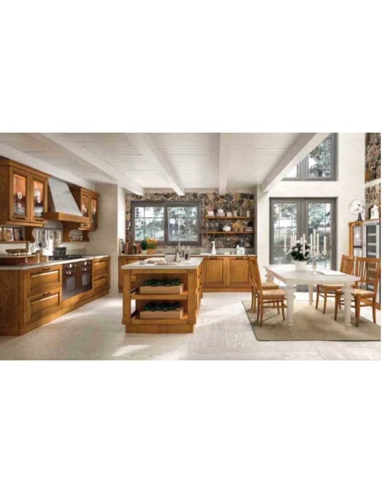 CUCINA 2 PARETI IN ROVERE ANTA MASSICCIA CON TAVOLO COMPOSE AVORIO