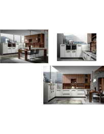 CUCINA FRONTALI DIAMANTE,BIONDO CON COLONNE BASSE A DISPENSA E TAVOLO A PENISOLA