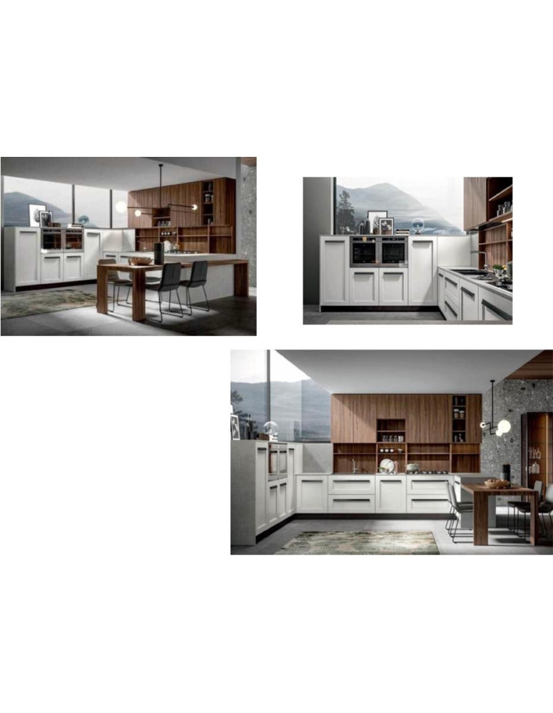 CUCINA FRONTALI DIAMANTE,BIONDO CON COLONNE BASSE A DISPENSA E TAVOLO A PENISOLA