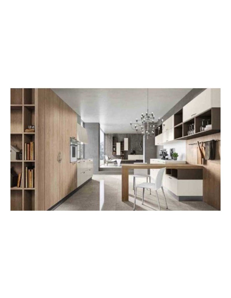 CUCINA ROVERE GESSO BURRO SAVANA GOLA CON PENISOLA CON SOGGIORNO ABBINATO