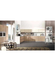 CUCINA CON MANIGLIE A SCOMPARSA CAPPUCCINO E VETRO GLASS NEBBIA