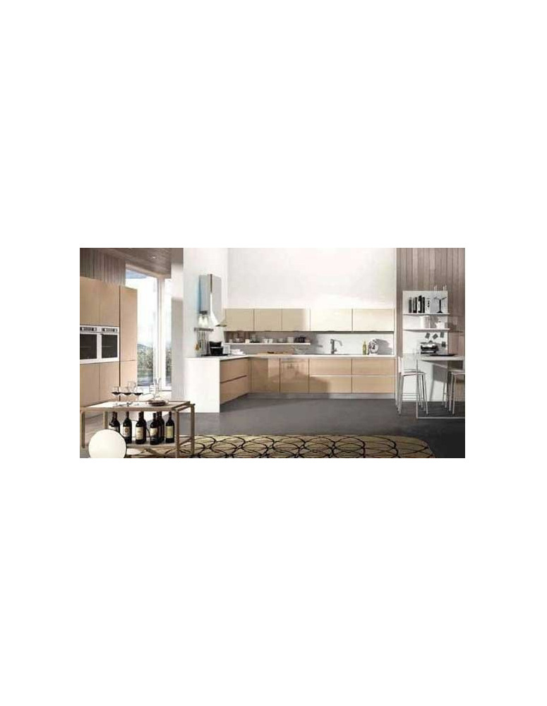 CUCINA CON MANIGLIE A SCOMPARSA CAPPUCCINO E VETRO GLASS NEBBIA