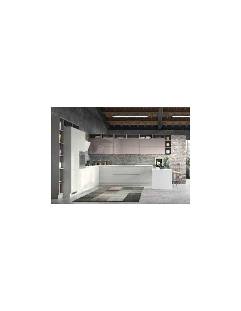 CUCINA ANGOLARE CON PENISOLA LACCATO LUCIDO COLOR RAL PIU VETRI COLOR POLVERE