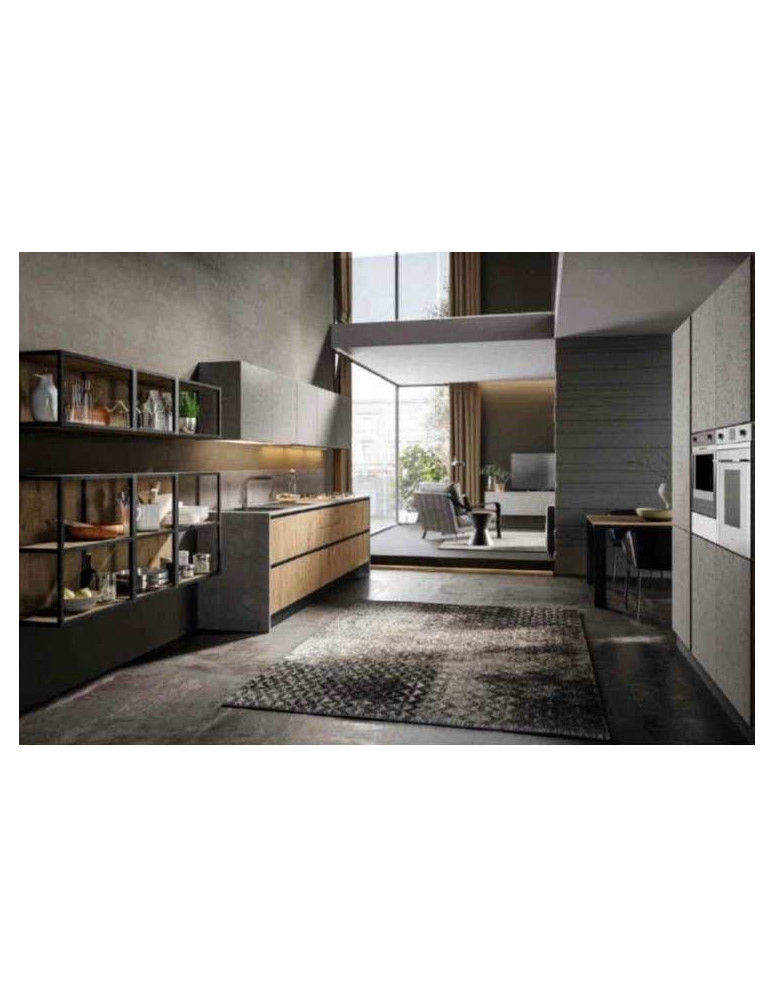 CUCINA LINEARE CON ABBINATO SOGGIORNO FINITURE URBAN E CORTINA