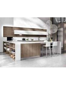 CUCINA CON MANIGLIE A SCOMPARSA CON BANCONE A U FINITURE CENERE TRANCHE