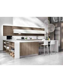 CUCINA CON MANIGLIE A SCOMPARSA CON BANCONE A U FINITURE CENERE TRANCHE