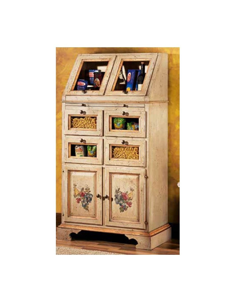 DISPENSA CON TIRETTO 4 PORTE 4 CASSETTI LACCATA AVORIO ANTICATO FILO OCRA