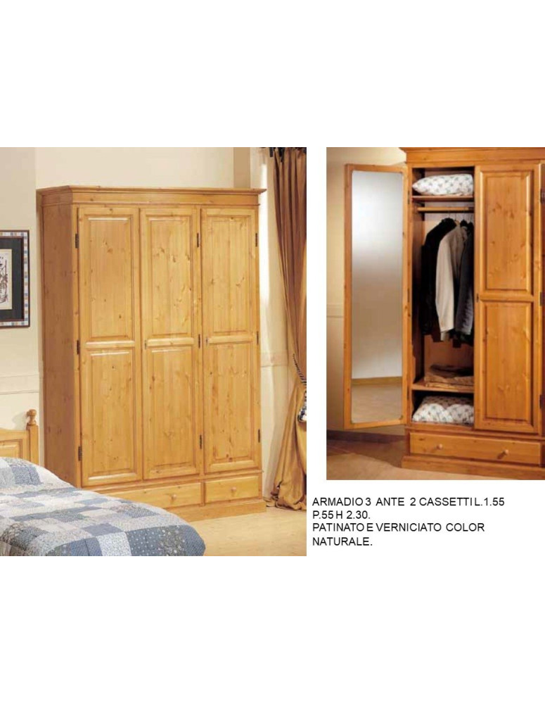 ARMADIO 3  ANTE  2 CASSETTI IN LEGNO DI PINO