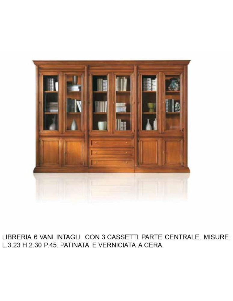 LIBRERIA 6 VANI INTAGLI  CON 3 CASSETTI PARTE CENTRALE