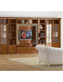 LIBRERIA CON VETRINE CON CESTONI E VANO TV CON TRAFORO