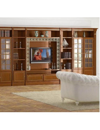 LIBRERIA CON VETRINE CON CESTONI E VANO TV CON TRAFORO