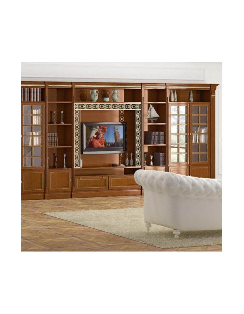 LIBRERIA CON VETRINE CON CESTONI E VANO TV CON TRAFORO