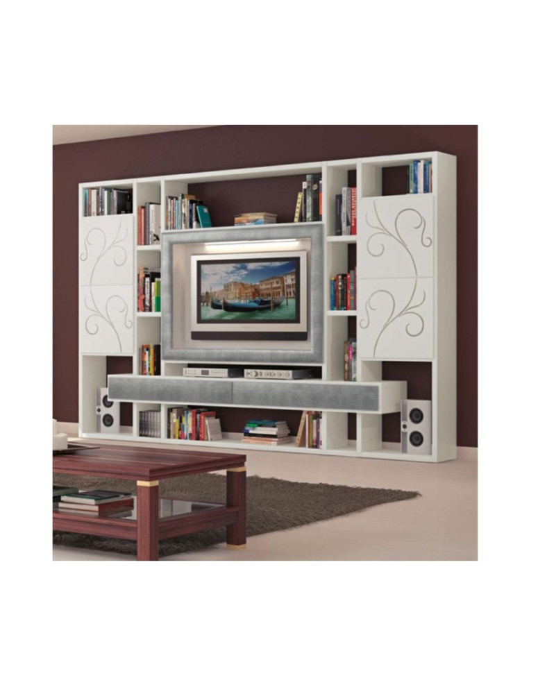 LIBRERIA MODERNA LACCATA BIANCA CON CORNICE PORTA TV
