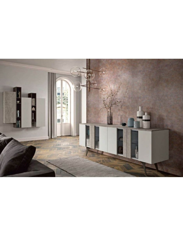 SOGGIORNO MODERNO CON BASAMENTO.PENSILI SOSPESI E MADIA