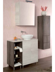 BAGNO A TERRA CON LAVELLO IN CERAMICA ROTONDO E COLONNA LATERALE CON DUE CASSETTI