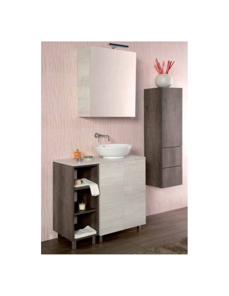 BAGNO A TERRA CON LAVELLO IN CERAMICA ROTONDO E COLONNA LATERALE CON DUE CASSETTI