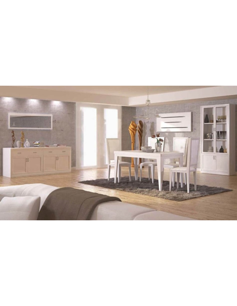 SOGGIORNO LACCATO CON CREDENZA AVORIO TAVOLO E LIBRERIA