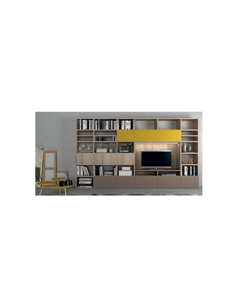 SOGGIORNO FINITURA OLMO JUTA CON LIBRERIA E VANO TV