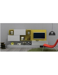 SOGGIORNO PARETE GRIGIO CHIARO E SENAPE