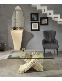 TAVOLINO CON PIANO IN CRISTALLO PIETRA FOSSILE COLORE BIANCO MACTAN