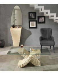 TAVOLINO CON PIANO IN CRISTALLO PIETRA FOSSILE COLORE BIANCO MACTAN