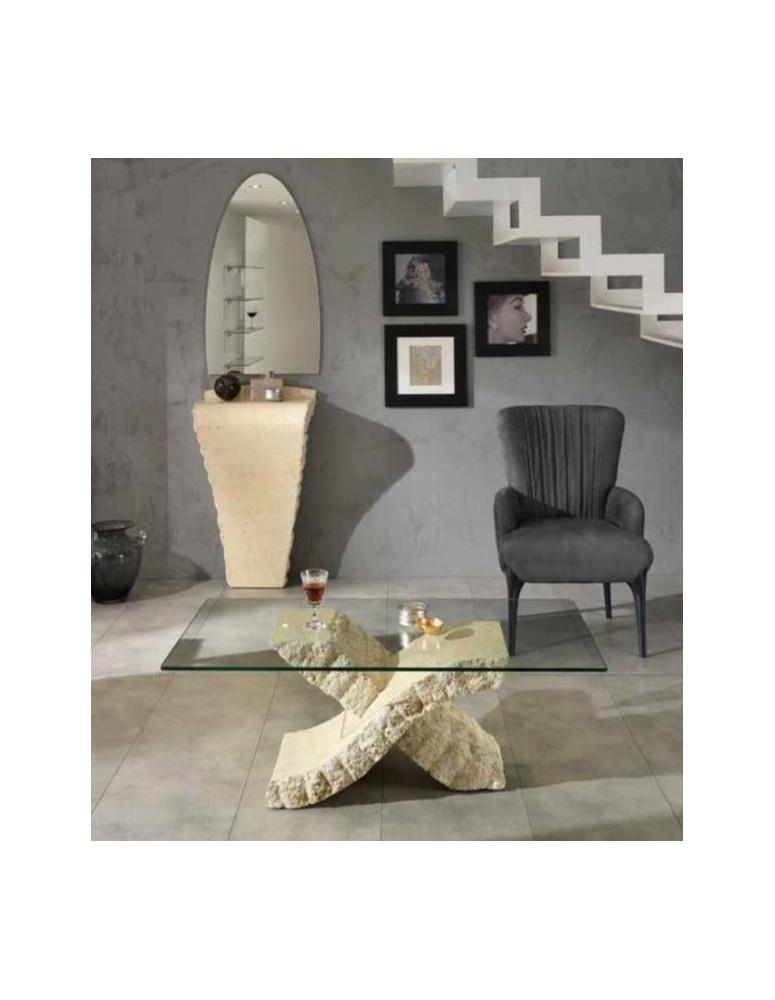 TAVOLINO CON PIANO IN CRISTALLO PIETRA FOSSILE COLORE BIANCO MACTAN
