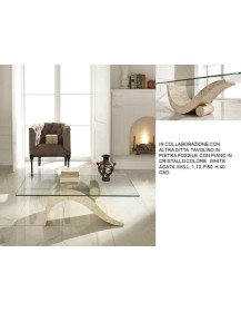 TAVOLINO IN PIETRA FOSSILE CON PIANO IN CRISTALLO