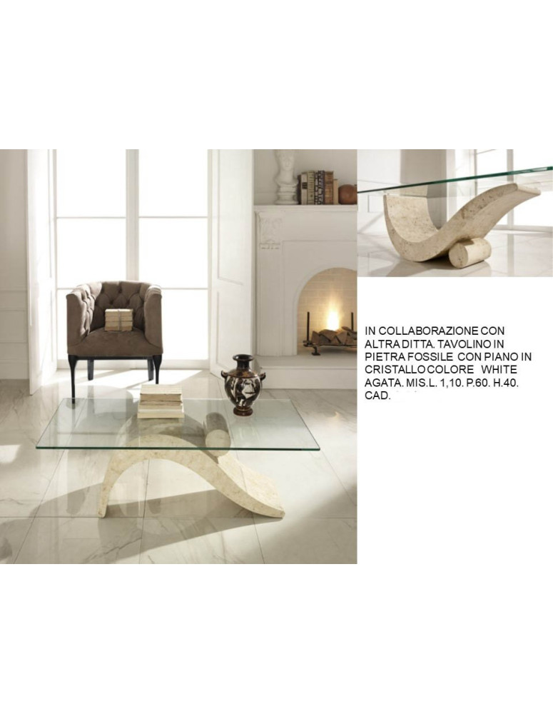TAVOLINO IN PIETRA FOSSILE CON PIANO IN CRISTALLO