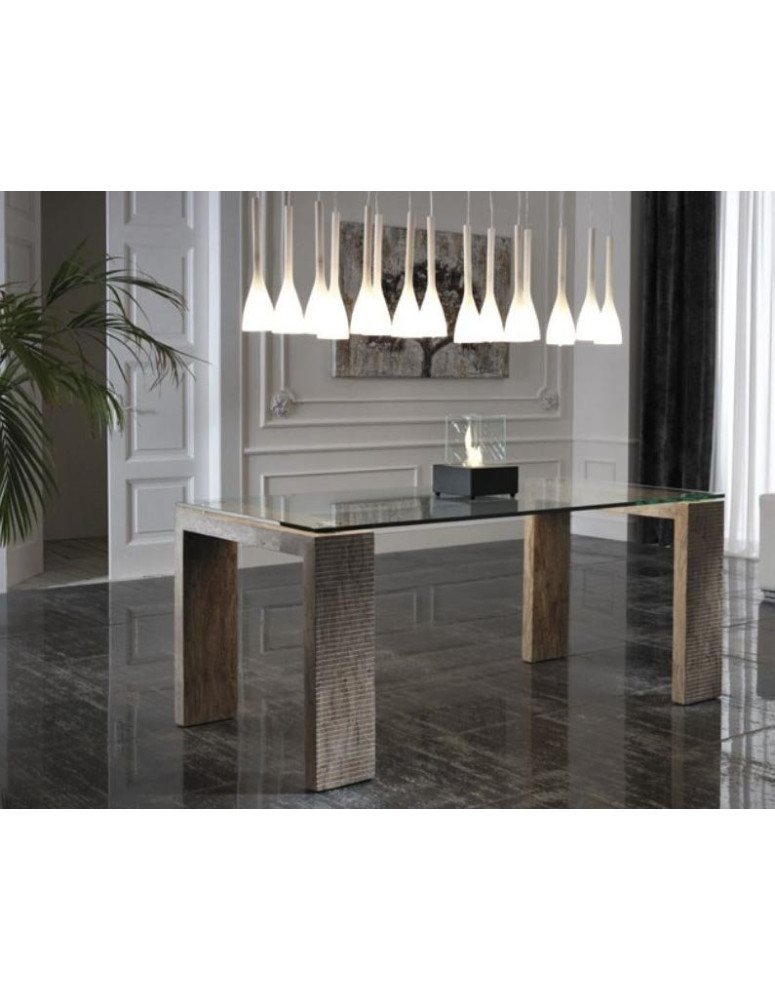 TAVOLO GAMBE IN PIETRA FOSSILE E PIANO IN CRISTALLO