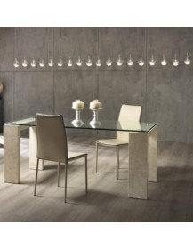 TAVOLO GAMBE IN PIETRA FOSSILE E PIANO IN CRISTALLO