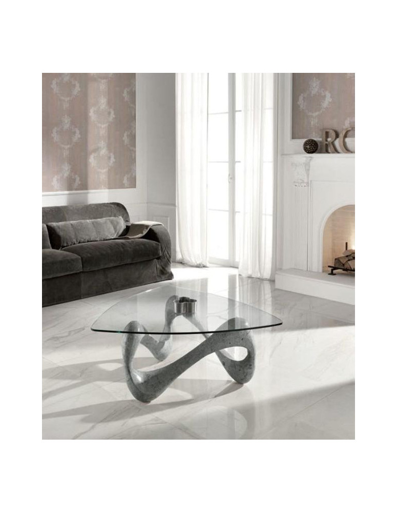 TAVOLINO IN PIETRA FOSSILE CON PIANO IN CRISTALLO